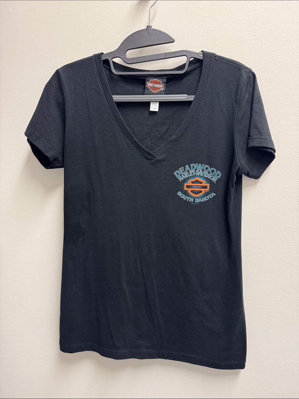 Harley-Davidson Women's Black Tee with Orange & Teal Deadwood Logo